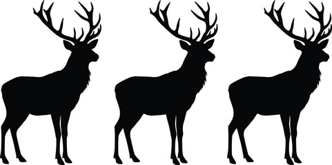 Three majestic deer silhouettes with large antlers, standing in profile view, perfect for wildlife, hunting, forest, nature, and vector design