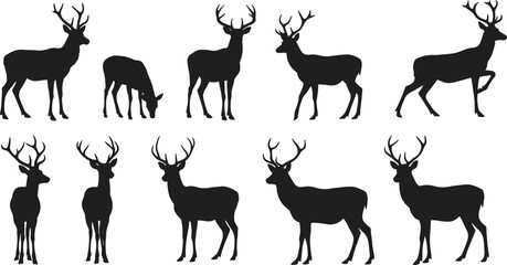 Set of ten majestic deer silhouettes with antlers in various poses, perfect for wildlife, forest, and nature artwork designs