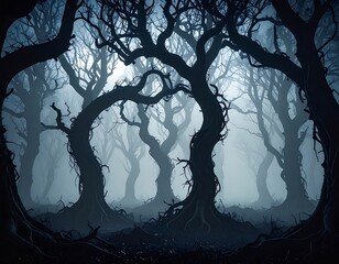 A dark, misty forest with gnarled trees