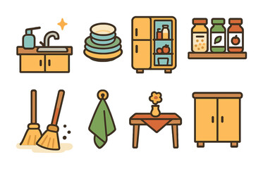 Tidy Kitchen Icons. Flat vector mini-illustrations keeping the kitchen tidy in colors children's illustrations