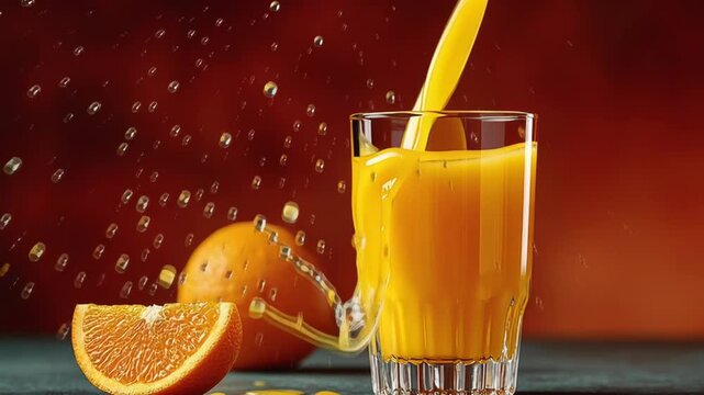 Refreshing Orange Juice Pouring Into a Glass With Splashes and Vibrant Colors at a Kitchen Counter