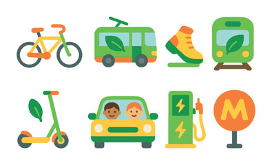 Eco Transport Icons. Flat vector mini-illustrations eco-friendly transportation in colors children's