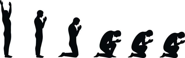 Silhouette of man praying, worship sequence, kneeling prayer poses, religious devotion art, black vector design, faith concept, Islamic prayer positions, 