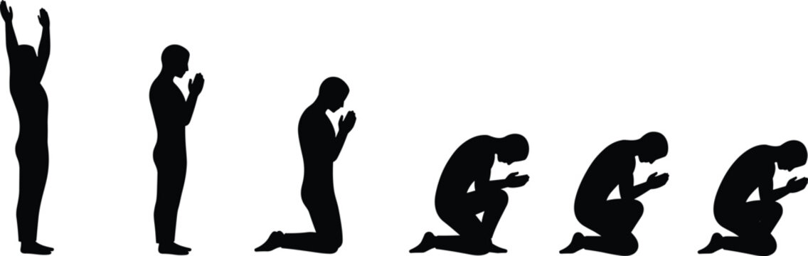 Silhouette of man praying, worship sequence, kneeling prayer poses, religious devotion art, black vector design, faith concept, Islamic prayer positions, 