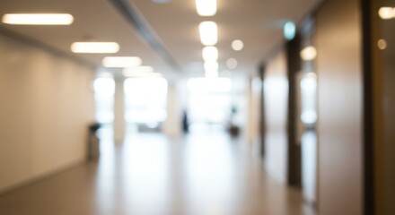 Fototapeta premium Blurred modern office hallway interior with bright ceiling lights and reflective floor, creating a sense of depth and spaciousness
