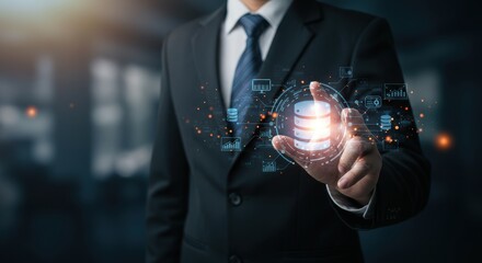 Businessman touches a futuristic virtual screen to connect with a global social network