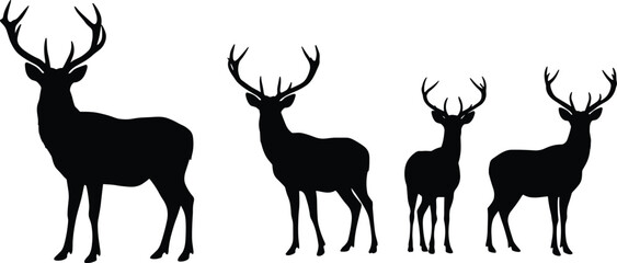 Set of four deer silhouettes, majestic stag and elk antlers, wildlife animal vector illustration for hunting, forest nature, and rustic designs