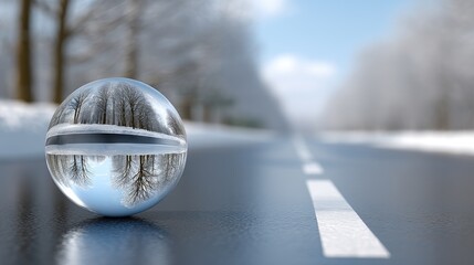 A glass orb on a stone captures a winter scene of snow-covered ground and trees under clear blue skies