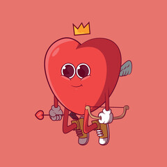 Heart Character Floating with Bow and Arrow vector illustration. Mascot, brand design concept.
