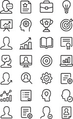 Collection of hand drawn business and finance icons representing growth success strategy and professional development concepts