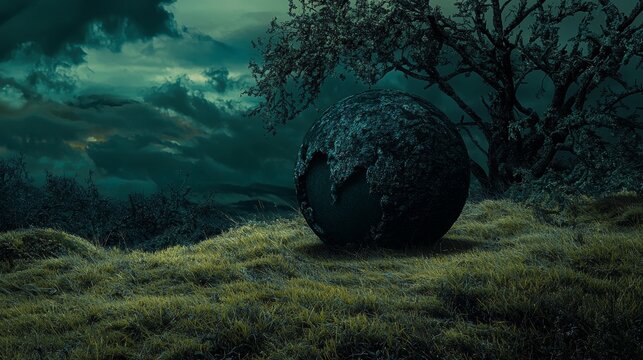 Surreal landscape with giant broken stone egg sculpture in mysterious misty forest under blue sky