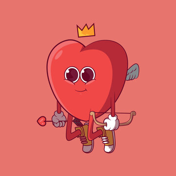 Heart Character Floating with Bow and Arrow vector illustration. Mascot, brand design concept.