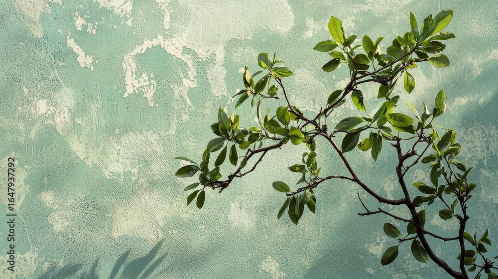 Poster minimal nature scene with delicate tree branch casting shadow on textured wall in soft green tones