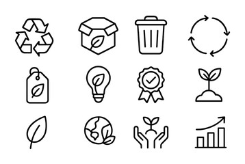 Sustainability Icons Grid. Outline icon set of sustainability in business: reuse arrows, eco packaging, waste