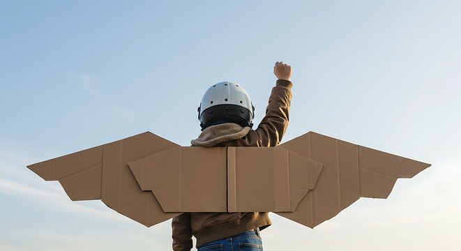 Back View of a Little Pilot with Wings Against a Blue Sky