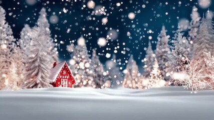 Small red wooden christmas hut in a snowy forest at night with christmas lights and falling snow, perfect christmas atmosphere