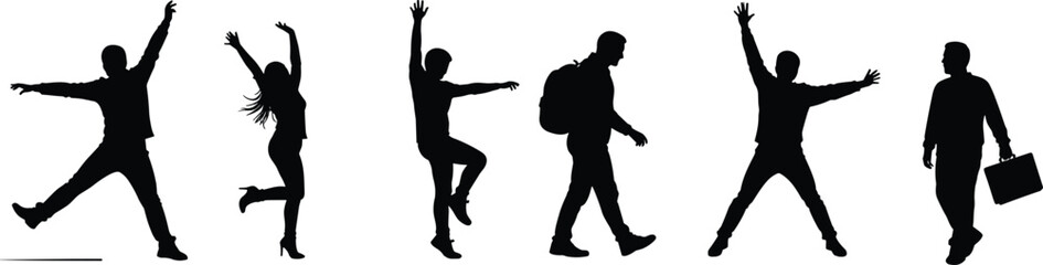 Silhouette of men and women in jumping, dancing, walking, and working poses, lifestyle concept, flat vector illustration, black design