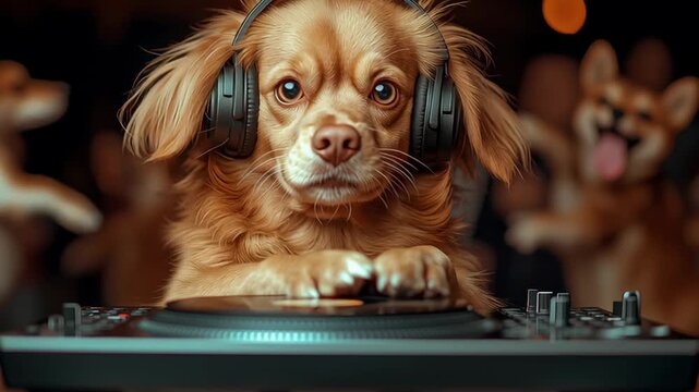 Cute Dog Mixes Music at a Lively Gathering With Other Furry Friends in a Fun Atmosphere