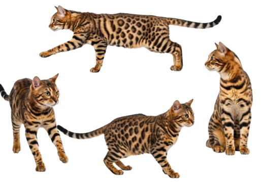PNG Bengal Cat Set of Four Poses Isolated on White Background Leopard Print Spotted