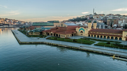 Halic Congress Center in Istanbul captured from drone, featuring urban skyline and modern building structures.
