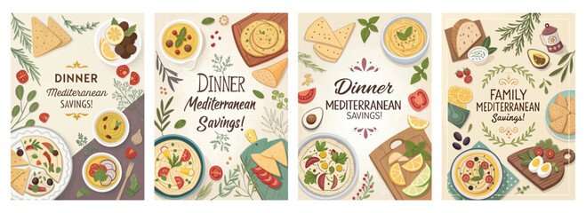 Colorful Mediterranean dinner illustrations with appetizing dishes, enhancing family meal experiences.