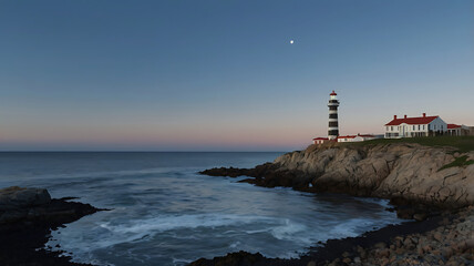 Obraz premium Photograph featuring a tall, spiral-striped lighthouse on the left side, illuminated at the top with a bright light.