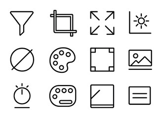 Image Editing Icons. Outline icon set of image editing and customization: filter icon, crop tool, resize