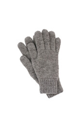 Woolen gray gloves isolated on white background. Handmade. Top view.