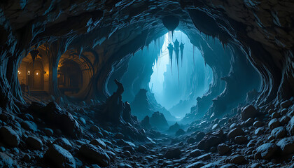 A group of figures ventures into a vast, mysterious cave system illuminated by an ethereal blue light, with ancient tunnels and glowing fixtures hinting at a hidden world