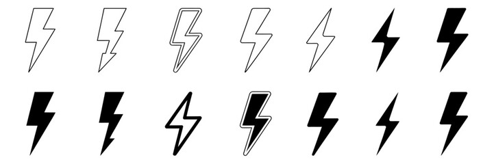 Collection of black and white lightning bolt icons in different styles for graphic design use