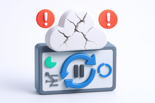 A stylized 3D representation of a cloud with cracks and warning icons, symbolizing data issues. - Powered by Adobe