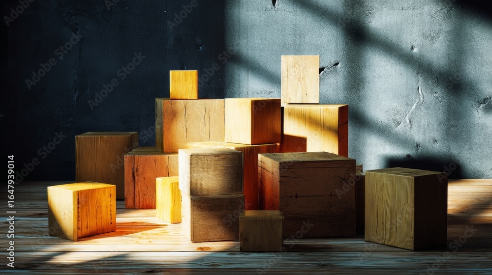 Poster wooden blocks arranged on table abstract geometric composition with dramatic light artistic design m
