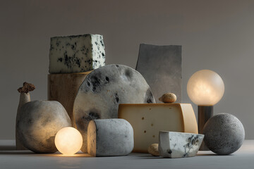 A very futuristic still life of new cheeses, some with mold, with dim lighting and some volumetric elements, with a gray and minimalist background.