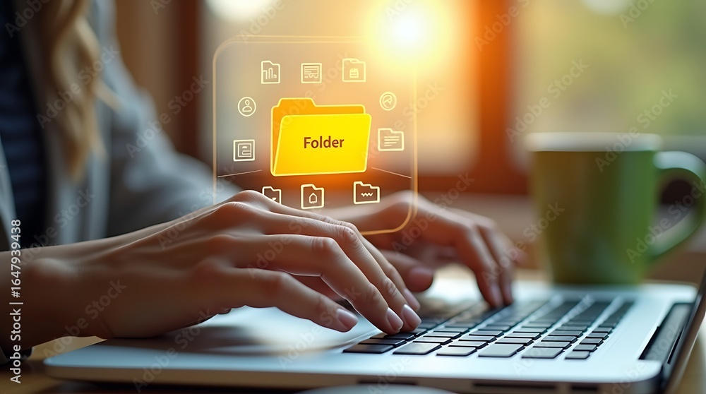 Poster person working on laptop with virtual folder interface