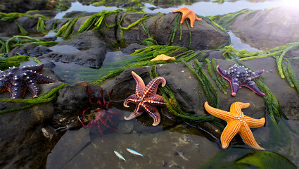 A vibrant collection of colorful starfish and a crab rest on wet rocks adorned with green seaweed in shallow tidal pools under the bright sun