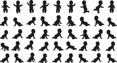 Baby crawling silhouette collection, infant walking, running, sitting, various poses, black vector illustration for child growth, development, parenting, and lifestyle designs