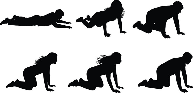 Silhouette of people crawling in various positions, black vector illustration, human movement poses, exercise, training, body motion, sports, and fitness design
