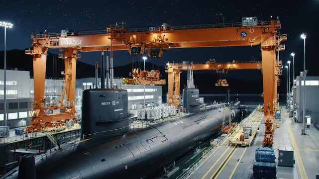 Submarines docked beneath orange gantry cranes - Powered by Adobe