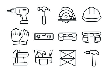 Construction Tools Icons. Outline vector icons of construction equipment: electric drill, hammer, circular saw