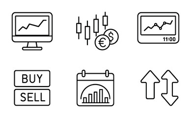 Obraz premium Forex Trading Icons. Outline icon set of forex trading tools: trading platform, candlestick chart, currency