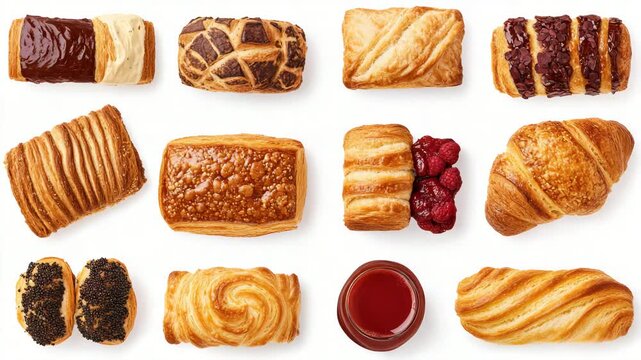 Assorted Pastries with Flaky Layers and Sweet Fillings on White Background