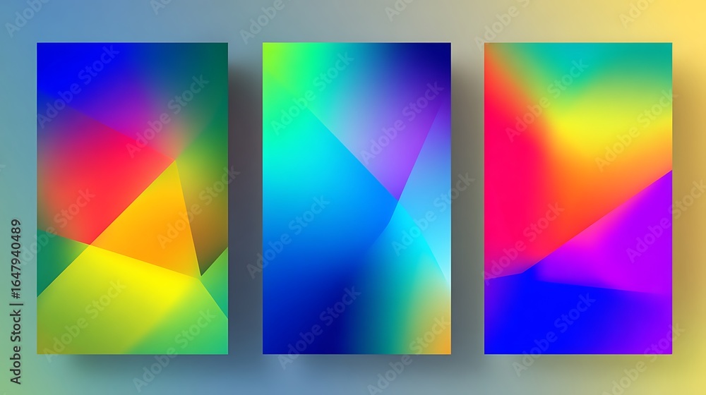 Aufkleber three vibrant abstract backgrounds with geometric shapes and blurred color gradients displayed side 