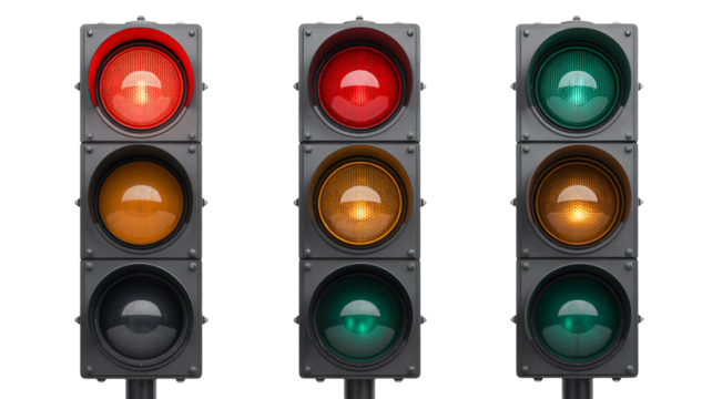 Traffic lights showing stop, caution and go indications