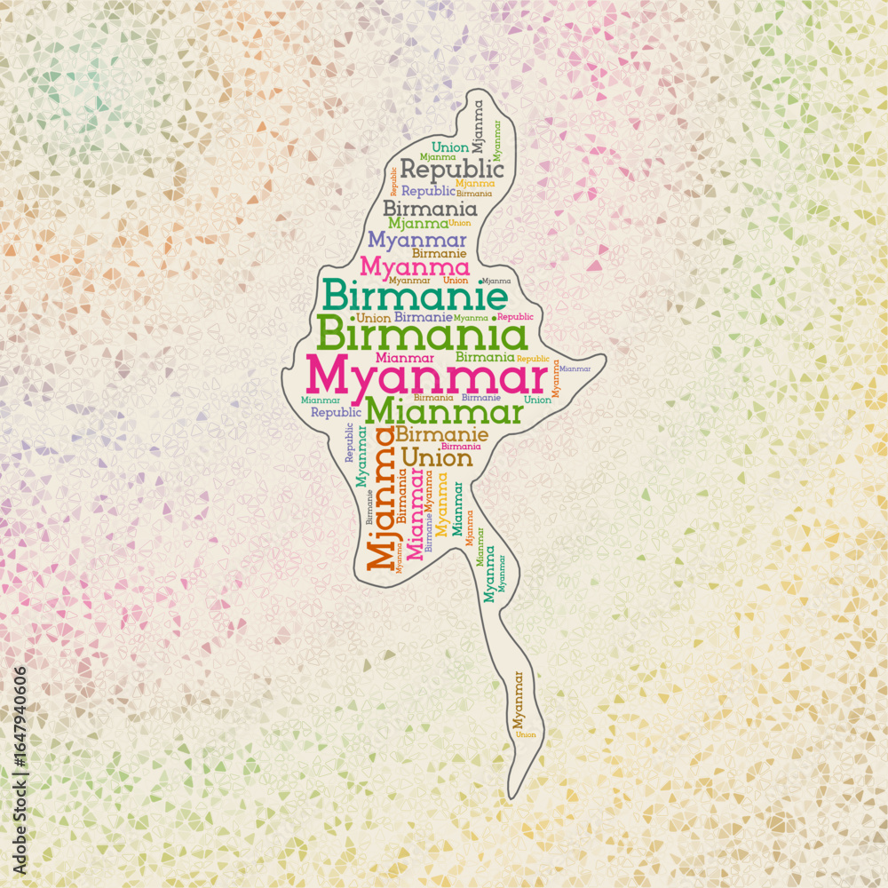 Poster myanmar shape whith country names word cloud in multiple languages. myanmar border map on authentic 
