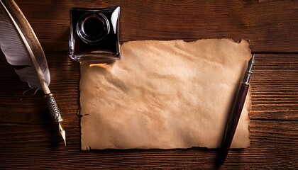 vintage paper texture blank antique paper on wooden table with inkwell and pen