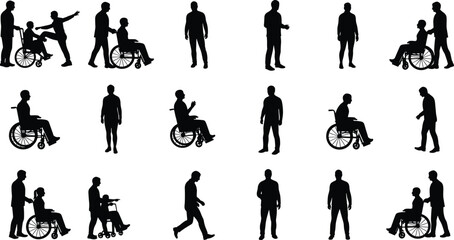 Silhouette of people with disabilities and caregivers, wheelchair users, standing and walking figures, medical assistance concept, black vector illustration