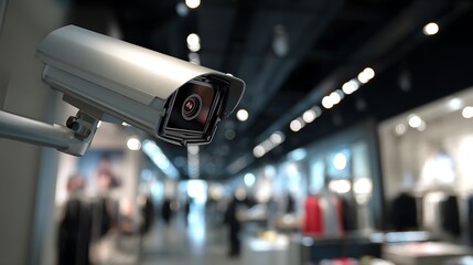 A security camera mounted in a retail store overseeing shoppers and merchandise on display stands inside