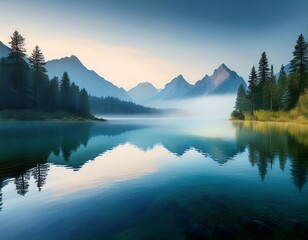 Obraz premium misty mountain lake tranquil scene