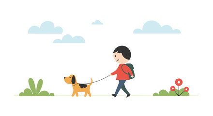 Fototapeta premium Vector Illustration of a Person Walking a Pet Dog in a Minimalist Design Style in Nature Environment