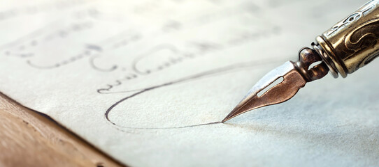 Fountain pen on an antique handwritten letter. Vintage nib pen and handwritten english cursive...